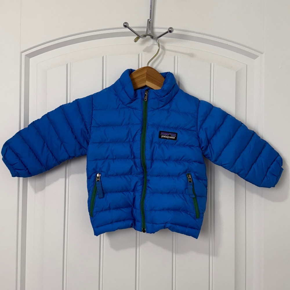 Patagonia Baby Down Sweater Blue Puffer Jacket with Green Zippers 3-6 Months - Picture 2 of 12